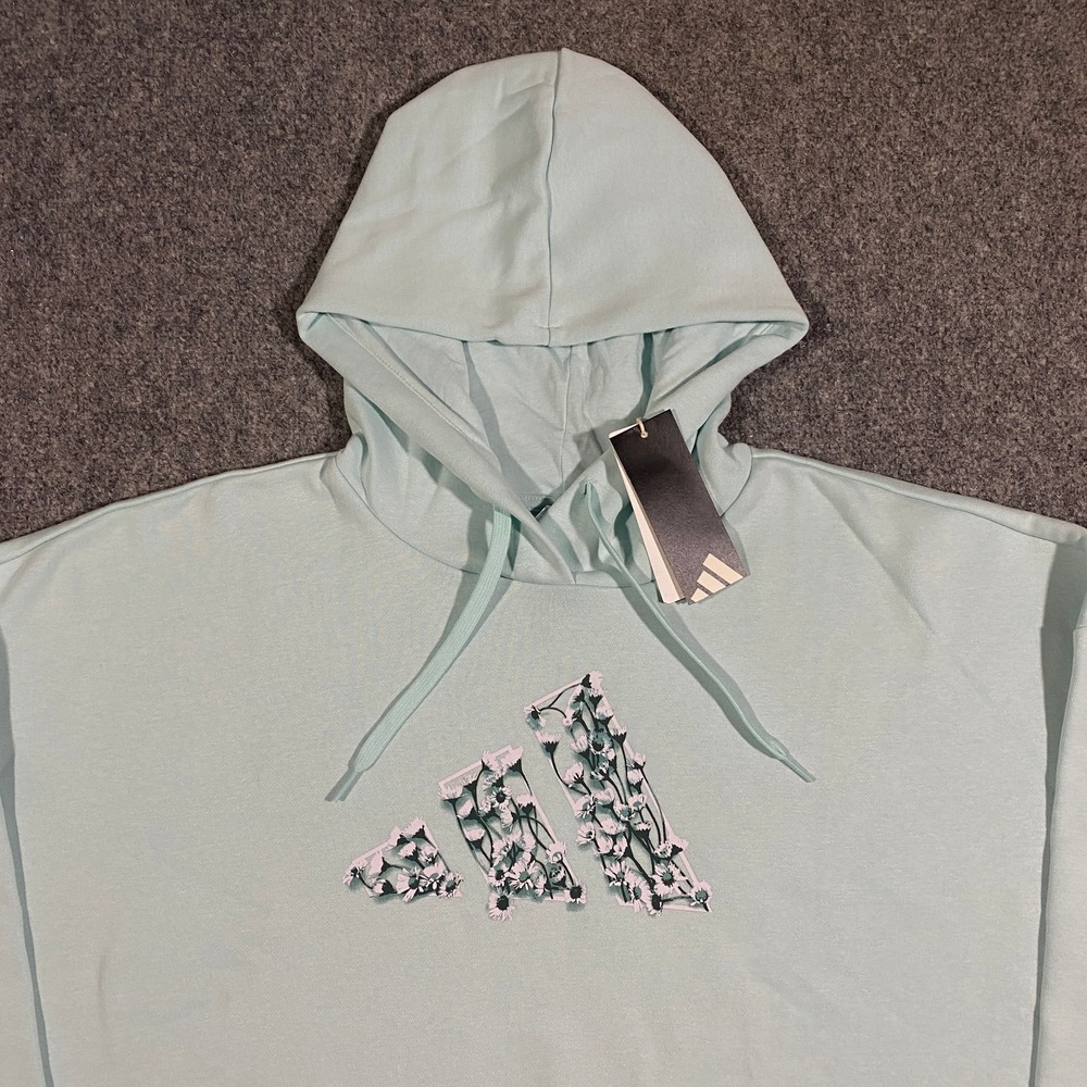 Adidas Trefoil Floral Logo Hoodie Womens XL Halo Mint Blue Flowers Pullover - Picture 3 of 16